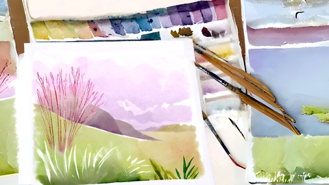 Watercolour images with brushes and paint